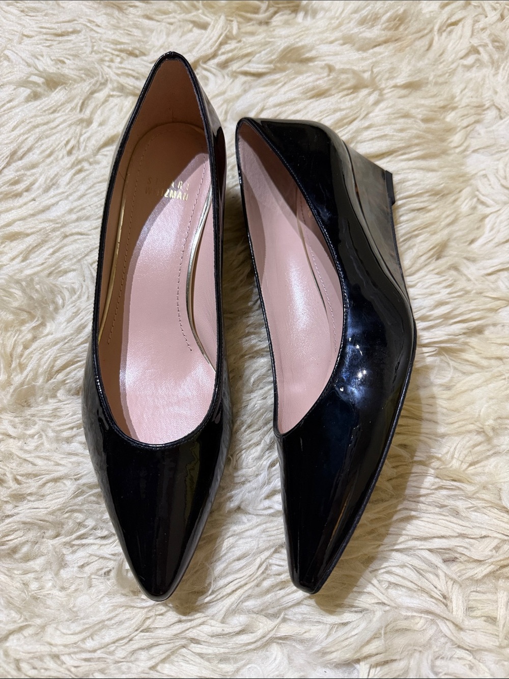 Stuart Weitzman Patent Pointed-Toe Wedge Flats in Black and Tortoiseshell 8